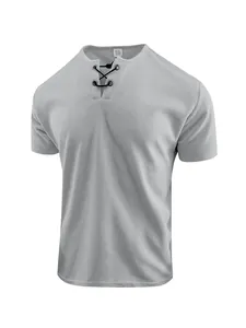 Detailed view of men's grey waffle knit T-shirt featuring a unique lace-up Henley collar