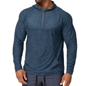 Men's blue quick-dry athletic hoodie with half-zip and front pocket for training