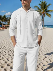 Men's casual white linen hooded shirt and pants set for beach vacation lifestyle.