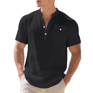 Summer American style men's black linen short sleeve Henley shirt with chest pocket