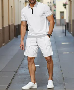 Ensemble polo et short décontracté blanc pour homme en tricot gaufré avec fermeture éclair