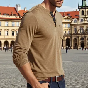 Close-up of a men's brown long-sleeved Henley shirt featuring premium textured cotton