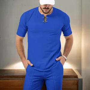 Men's Summer Casual Waffle Knit T-Shirt Lace-up Henley Neck Breathable Solid Color Short Sleeve Top For Daily Wear