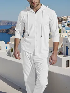 Detailed view of white linen-textured men's hooded shirt and drawstring trousers set.
