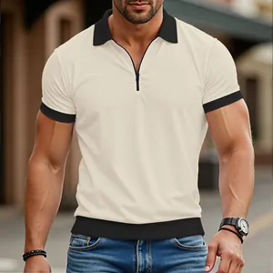 Polo en Tricot Gaufrette pour Hommes Décontracté Bloc de Couleur Manches Courtes Avec Fermeture Éclair Coupe Cintrée Mode Été