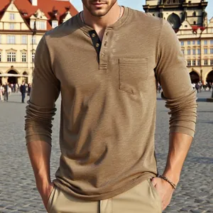 Close-up of a men's khaki long-sleeve Henley shirt with a button placket and chest pocket.