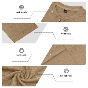 Close-up of cotton Henley shirt showing neck, cuff, hem, and fabric texture details