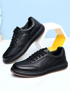 Men's black genuine leather breathable casual shoes with no-tie laces and soft sole