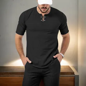 Detail of men's summer black waffle knit Henley t-shirt with lace-up neckline