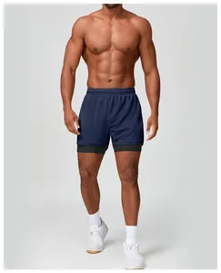 Pantalones cortos deportivos 2 en 1 azul marino para hombre secado rápido y malla