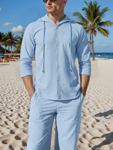 Men's light blue linen long sleeve hooded shirt and pants set for beach vacation