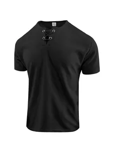 Detailed view of men's black waffle knit T-shirt featuring a lace-up neckline