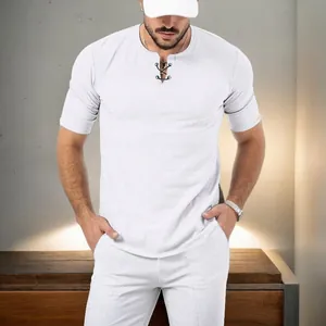 Men's white waffle knit short sleeve T-shirt with breathable fabric and casual lace-up neck