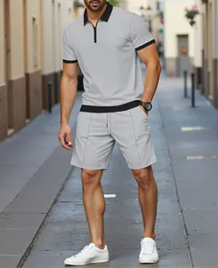 Ensemble deux pièces décontracté en maille gaufrée grise avec polo pour homme été