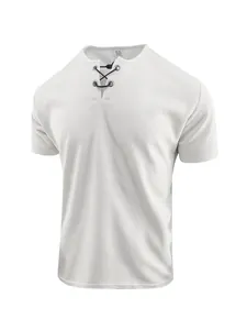 Detailed view of white waffle knit texture and lace-up V-neck design on men's T-shirt