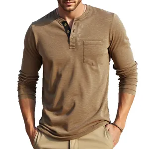 Men's American retro long-sleeved Henley shirt in khaki cotton with chest pocket