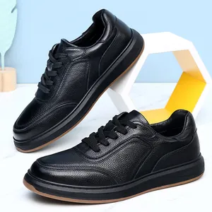 Detail view of black cowhide leather casual men's shoes with non-slip soft sole