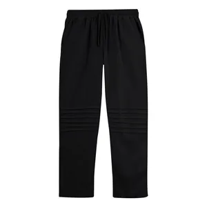 Front view of men's black trousers featuring ribbed knee pleats and elastic waist