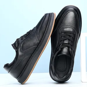 Detailed side and top view of men's breathable black leather casual shoes with thick soles