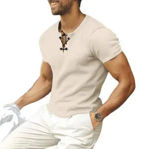 Men's slim fit beige waffle knit t-shirt with lace-up v-neck and short sleeves