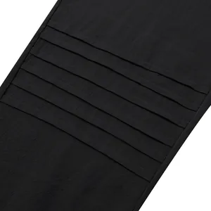 Close-up macro detail of horizontal pleated design on black wide leg linen trousers for men