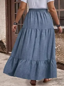 Jupe longue à volants bleu grande taille style bohème avec taille élastique pour les vacances
