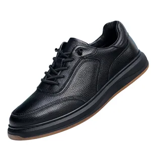 Close-up of black grain leather men's casual shoe with non-slip soft sole and laces