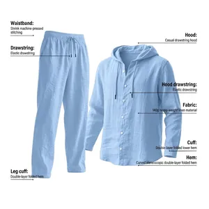 Men's casual light blue linen two-piece set with hooded shirt and drawstring pants