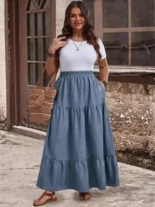 Jupe longue à volants grande taille bleue pour les vacances d'été et le quotidien