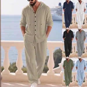 Men's loose linen hooded shirt and pants set in multiple colors for casual outdoor wear