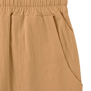 Close-up of elastic waistband and pocket on men's camel linen wide-leg pants.