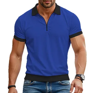 Polo en maille gaufrée bleue pour homme, coupe ajustée, avec quart de zip et bordure noire