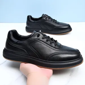 Detailed view of breathable black cowhide leather casual shoes with anti-slip soft soles