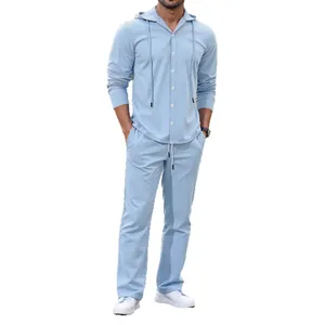 Premium light blue men's 2-piece casual linen set featuring a hooded button-up shirt and pants