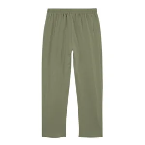 Back view of men's loose olive green linen straight-leg pants for casual autumn wear