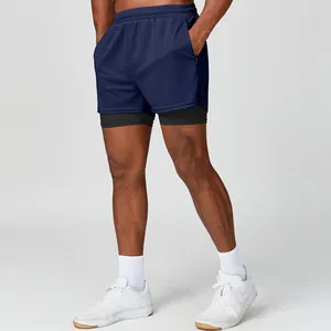 Pantalones Cortos Deportivos 2 en 1 para Hombre de Secado Rápido Transpirables de Malla Cortos de Entrenamiento Con Forro Bolsillos Con Cremallera para Fitness Baloncesto Gimnasio Casual