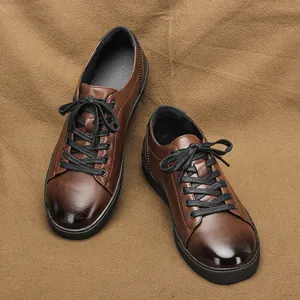 Detailed top view of retro brown men's casual shoes featuring a unique wiped color finish.