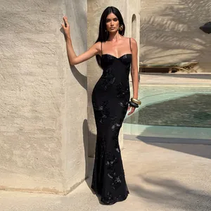 Elegant black backless maxi dress featuring intricate 3D floral embroidery details