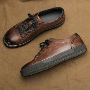 Macro view of men's vintage brown burnished casual shoes with textured leather finish