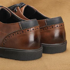 Close-up detail of retro brown brogue casual shoes with elegant stitching and textures
