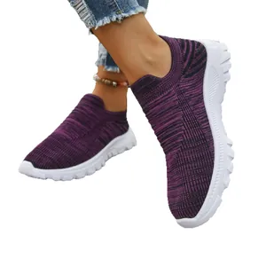Breathable flyknit slip-on walking sneakers for women, purple knit pattern with white sole