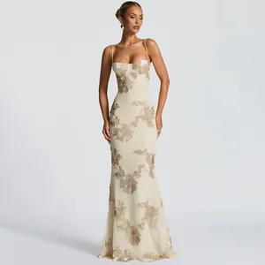 Elegant summer evening maxi dress featuring floral embroidery and a slim fit silhouette