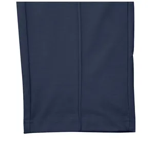 Close-up view showing the high-quality double-stitched hem of navy blue casual pants