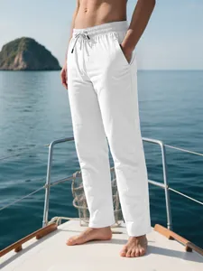 Pantalón de algodón y lino blanco para hombre con cordón para playa y vacaciones