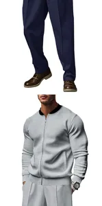 Split view of men's casual grey zip-up jacket and navy trousers set on white background
