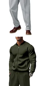 Close-up of men's olive green casual zip-up jacket and loose trousers fashion set