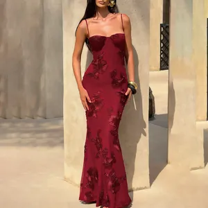 Elegant burgundy floral embroidered mermaid evening maxi dress with spaghetti straps