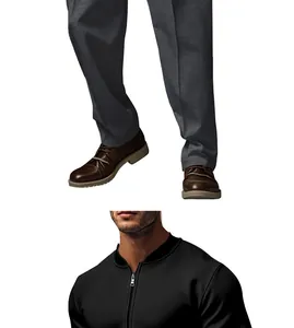 Detail view of men's casual black zip jacket and grey trousers set for a stylish look.