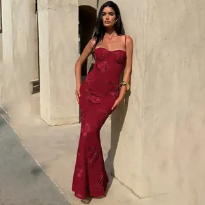 Elegant burgundy floral applique mermaid maxi dress with spaghetti straps for summer.