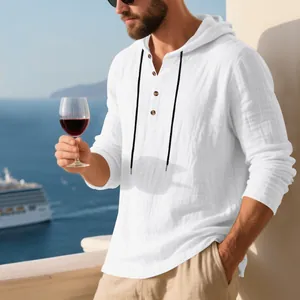 Men's white linen hooded long sleeve Henley shirt for breathable beach lifestyle wear.